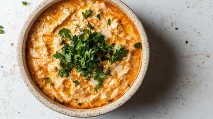 Spicy hot crab dip in cream bowl on countertop