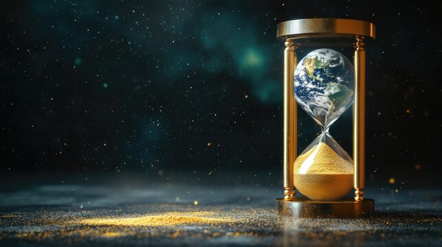 A minimalist hourglass with Earth inside, half of it fading into dust as time passes.