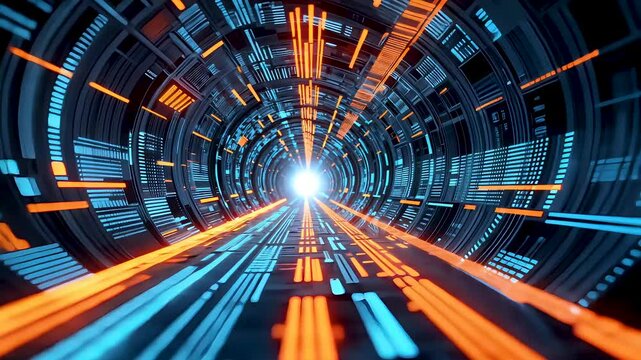 Futuristic sci-fi tunnel with glowing neon lights creating abstract high-speed technology effect

