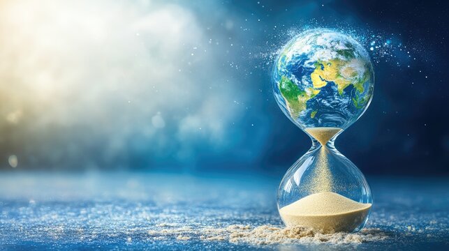 A surreal hourglass with a globe inside, sand pouring down, emphasizing climate change urgency.