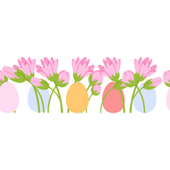 Easter spring seamless border of pink flowers and eggs