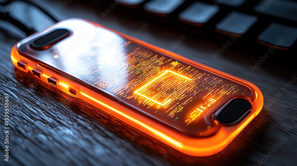 Poster illuminated smartphone displaying code: a glimpse into digital innovation