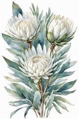 Fototapeta premium Elegant white protea watercolor with minimalist style on white background