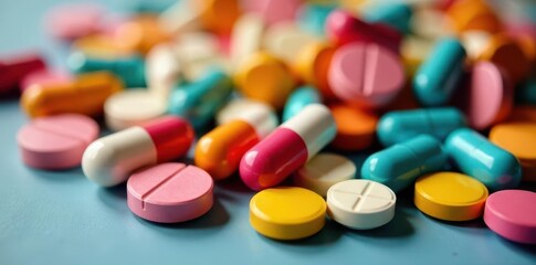 Assorted colorful pills and capsules, close-up view, pharmacy, medical supplies, colorful pills