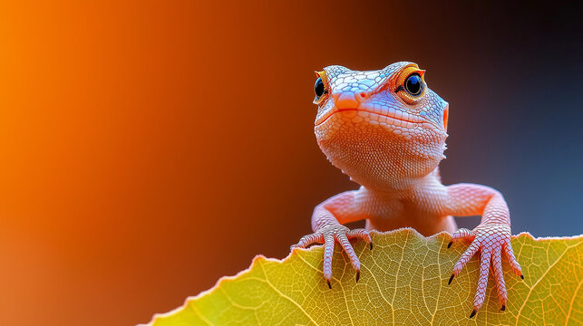 a curious lizard perches on a vibrant yellow leaf, with an orange and blue background. The reptile stares with attentive eyes, capturing a moment of natural beauty