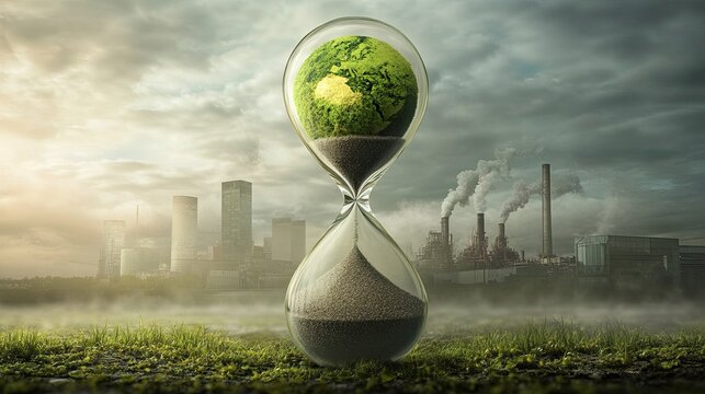 A symbolic hourglass with a green Earth at the top and industrial smog collecting at the bottom.