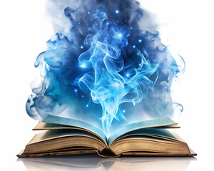  magic book with blue magical smoke isolated on white background PNG , AI GENERATED