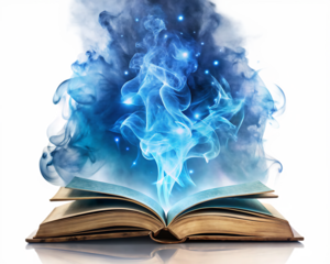  magic book with blue magical smoke isolated on white background PNG , AI GENERATED