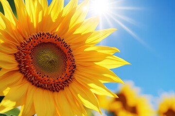 Obraz premium 夏の青空の下、元気に咲くひまわりの花と輝く太陽