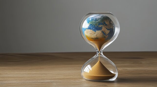 A transparent hourglass with a shrinking Earth inside, sand pouring into the bottom chamber, signifying environmental decline.