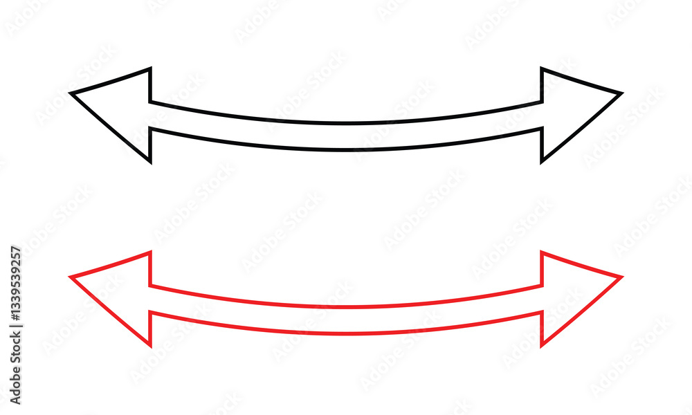 Poster set of double headed curve red and black arrows. dual sided curved arrow icon. double headed arrows.