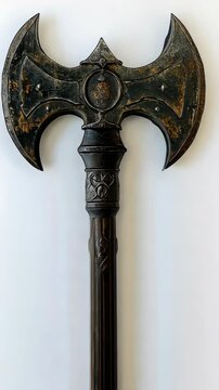Unique two-headed axe with intricate designs displayed against a plain background