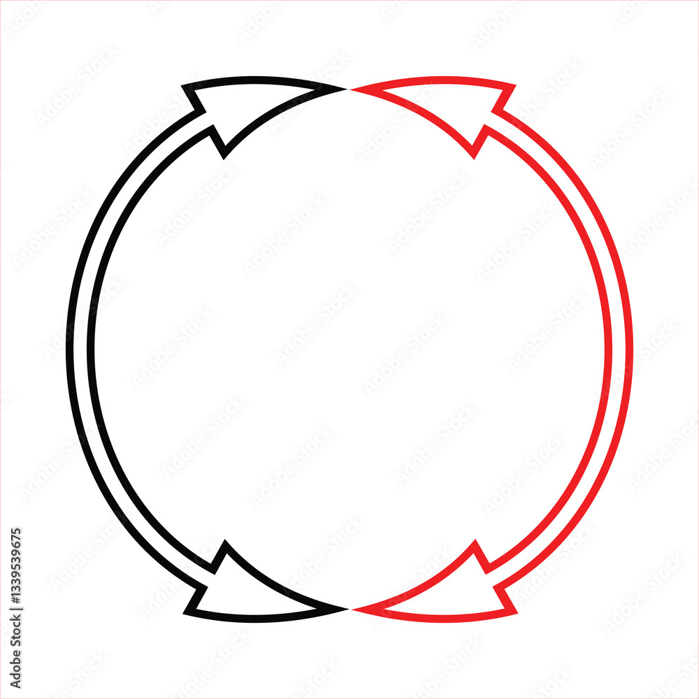 Poster set of double headed semi circle red and black arrows. dual sided curved arrow icon. black and red a