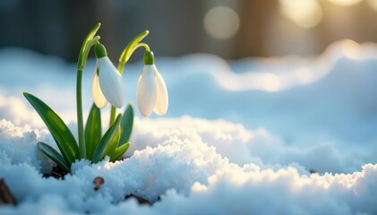 Delicate white snowdrops emerge from melting snow , white, background, image