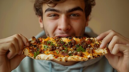 Young Man Savoring a Classic Neapolitan Pizza