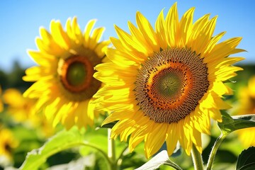 明るい青空の下で咲いているひまわりが並ぶ美しい風景