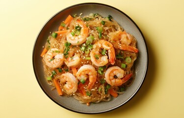 Overhead shot of shirataki noodles with shrimp and vegetables