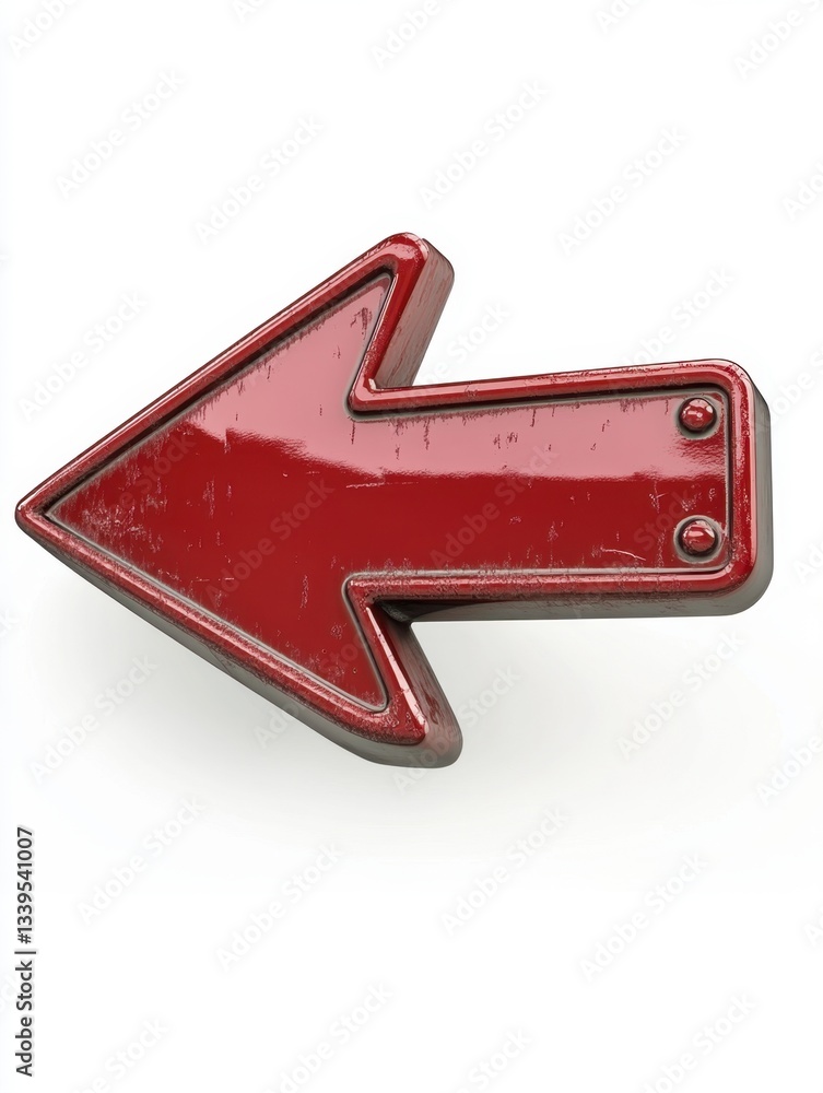 Poster glossy red arrow pointing left on clean white background with dimensional depth and detailed texture