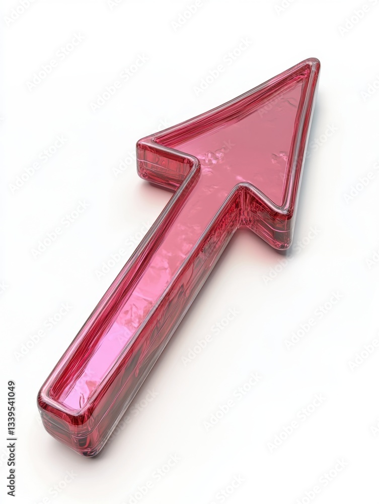 Poster translucent red glass arrow pointing upward on a clean white background direction and navigation con