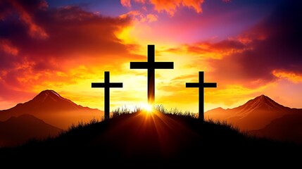 Three crosses on a hill at sunset with mountains in background