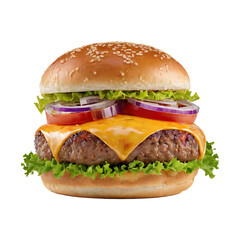 Cheeseburger with lettuce tomato and onion on a sesame seed bun isolated on transparent background