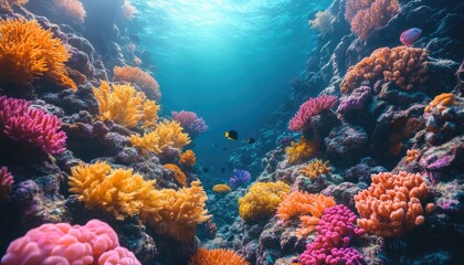 Fototapeta premium Vibrant coral reef teeming with colorful corals and fish, sunlit underwater scene. Ideal for marine life, ocean, and nature documentaries, travel brochures, or websites.