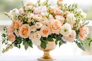 Luxurious floral arrangement with delicate pink and white flowers in a gold vase