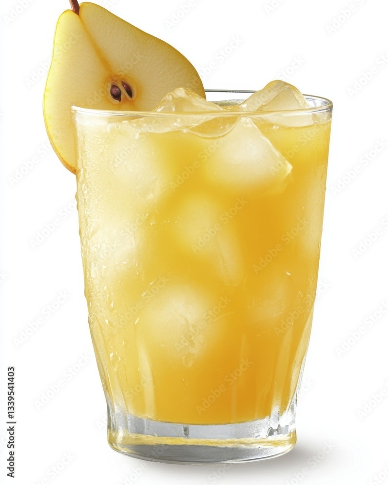 Poster refreshing pear juice with ice cubes in glass and pear slice garnish on white background