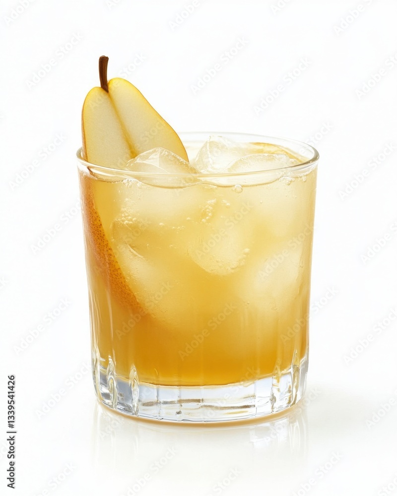 Poster refreshing pear cocktail with ice cubes and pear slice garnish on white background studio shot