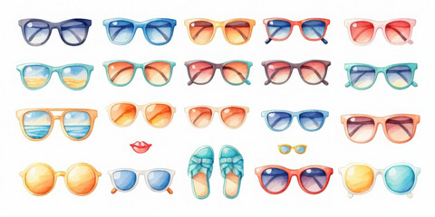 Summer icon watercolor sunglasses collection beach vibes artful display bright atmosphere