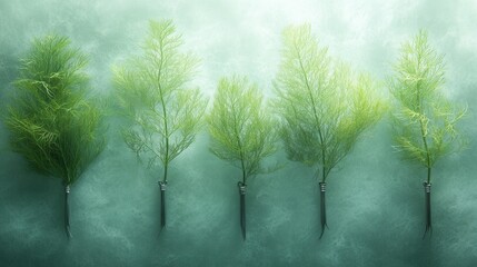 Five wispy green fennel plants stand tall against a textured light green background in a still life botanical composition with a soft dreamy style