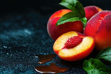 A fresh, juicy peach sliced open with droplets of juice spilling, releasing its sweet, fragrant aroma into the air. 