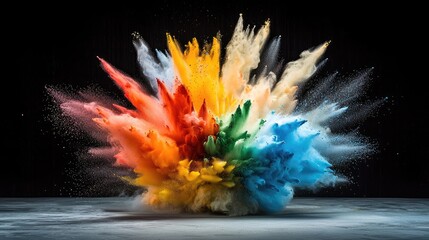 A spectacular splash of multicolored powder captured in mid-air against a dark backdrop.