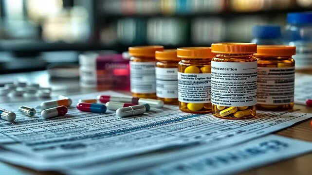 Close-up view of prescription medication bottles and pills on a wooden table in a pharmacy setting