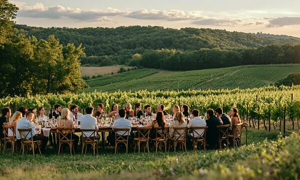 Elegant outdoor dinner party in a vineyard at sunset, guests enjoying food and conversation amidst nature