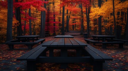 Autumnal picnic area in vibrant forest.