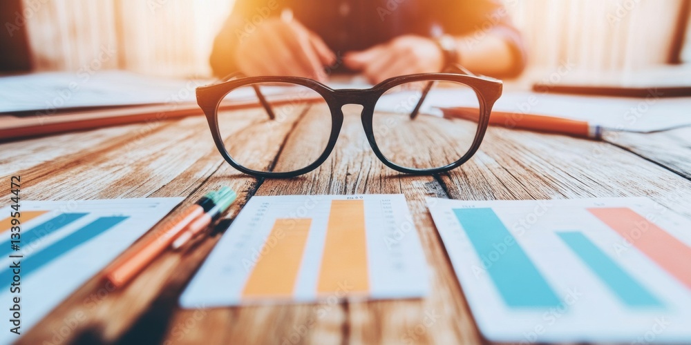 Fototapete Minimalist Financial Analytics Stylish Eyewear on Rustic Wood with Dynamic Data Visualization - Modern Workspace Insight for Digital Entrepreneurship and Strategic Planning