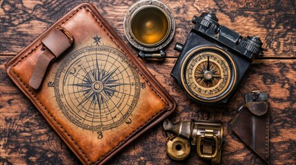 A collection of navigation and exploration tools on wood