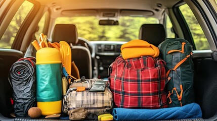 Close-up of car trunk organized with essential hiking and survival gear for a camping trip.