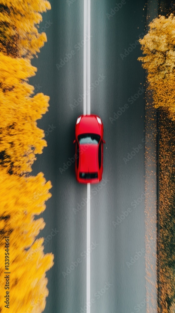 Poster autonomous mobility redefined aerial drone perspective of electric red vehicle navigating vibrant au