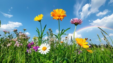 Fototapeta premium A vibrant rainbow arches over a lush green field dotted with colorful flowers under a clear blue sky.
