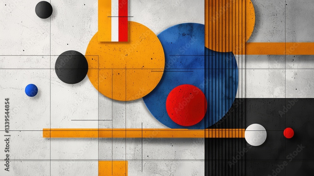 Poster a visually engaging geometric pattern with overlapping lines, textures, and color blocks.