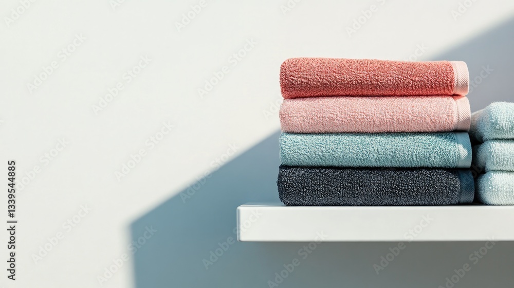 Aufkleber close-up of neatly folded stack of colorful towels on white shelf nearby with hint of sunlight