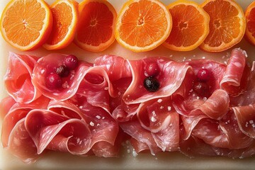 Whimsical Creation of Prosciutto Slices Decorated With Playful Patterns and Vibrant Fruit Garnishes