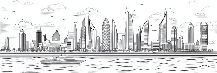 Fototapeta premium Bahrain Skyline: A Coastal Cityscape - Modern architecture, vibrant island capital, coastal beauty, urban development, and tranquil waters