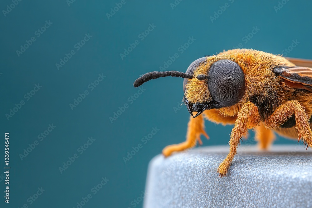 Poster close-up of realistic-looking fake insect on household object with ample surrounding copy space