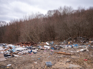 An illegal landfill site in a forest clearing, filled with plastic waste, broken tiles, cardboard,...