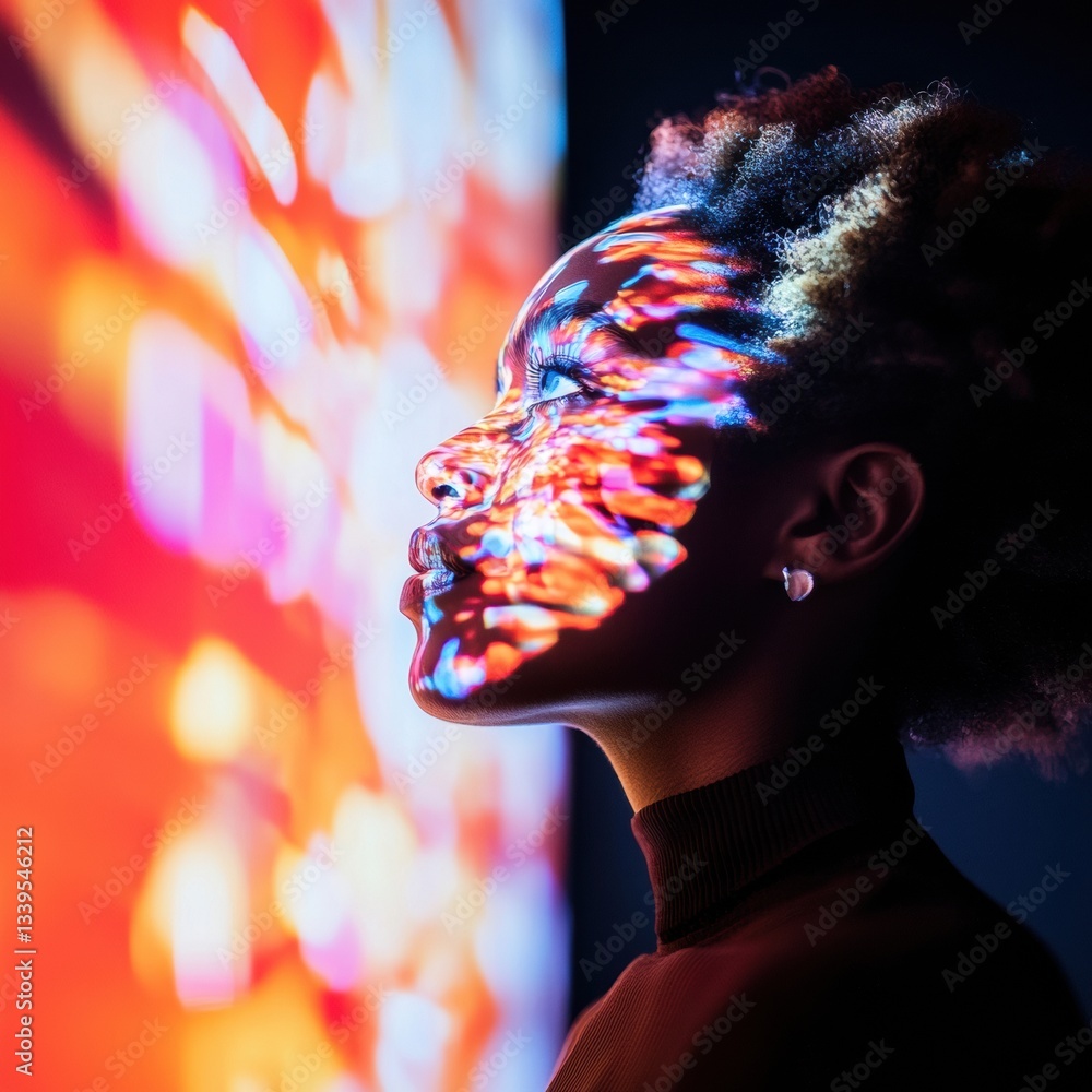 Poster Immersive Digital Projection Art Afrofuturistic Profile Blending Emotional Expression with Dynamic Generative Light Patterns - Next-Gen Creative Experience