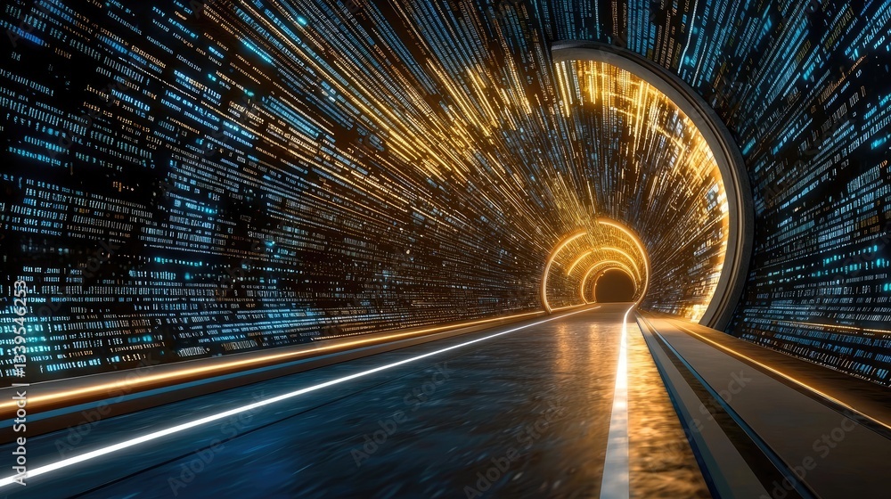 Poster abstract visualization of data transfer on a fast-moving digital road.