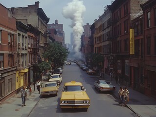 Taxi driving down street in old city with smoke